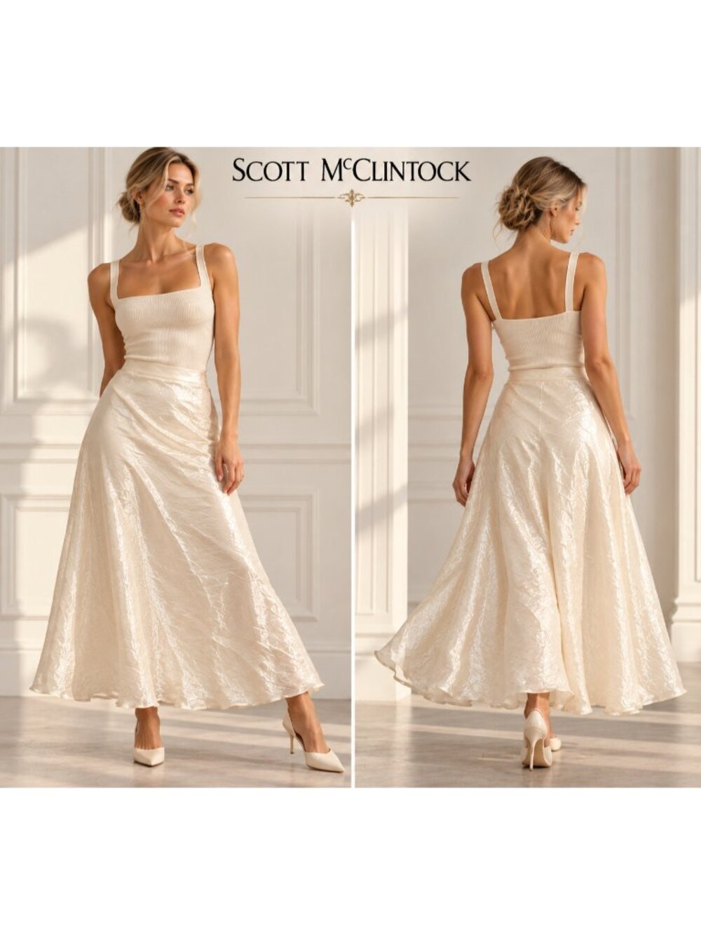 Scott McClintock Women's Ivory Satin A-Line Maxi Skirt Size 10 USA